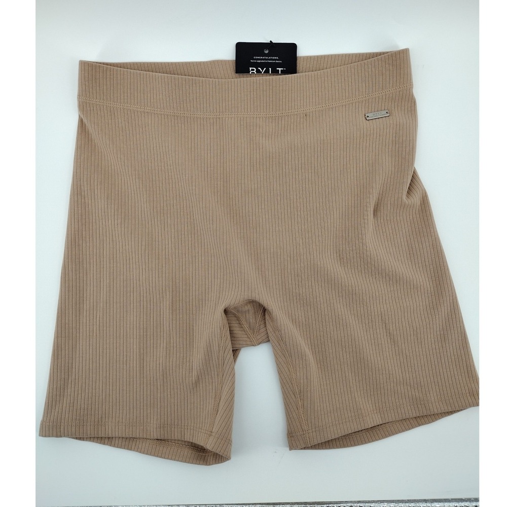 BYLT Premium Basics Rib High-Waist Biker Shorts Tan Sand Womens Size M New